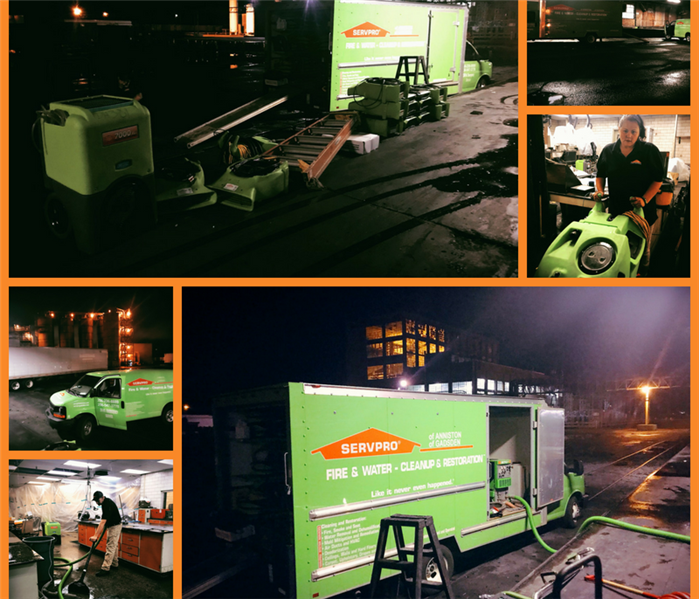 A collage of our crews working on a late night water damage and a local factory.