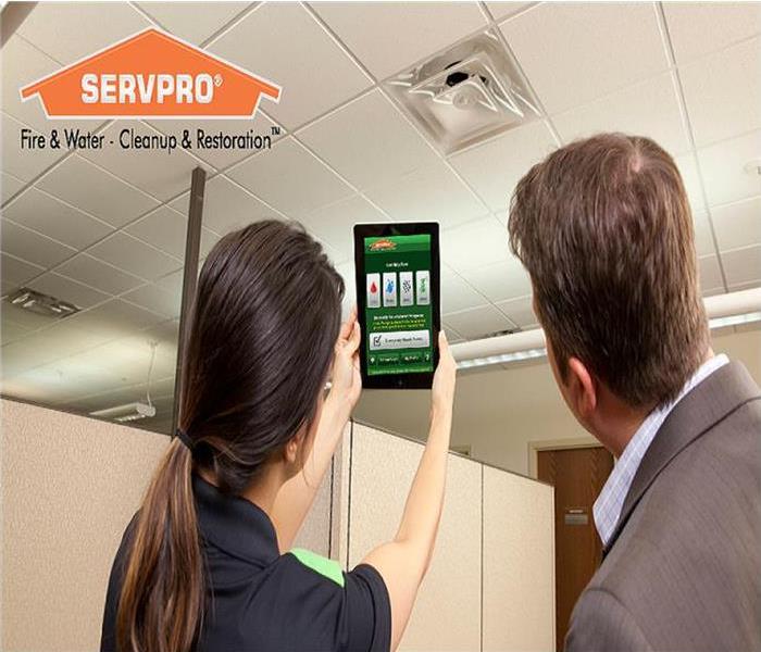A SERVPRO staff member showing the ERP app to a customer.